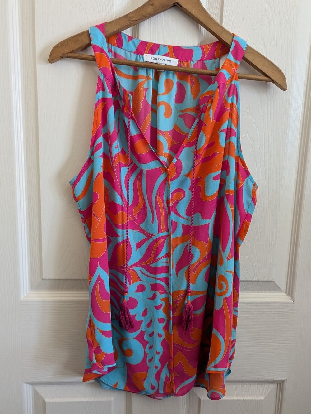 Rose + Olive Paisley Tank Top Size Medium Pink Teal & Orange Tassels V-Neck